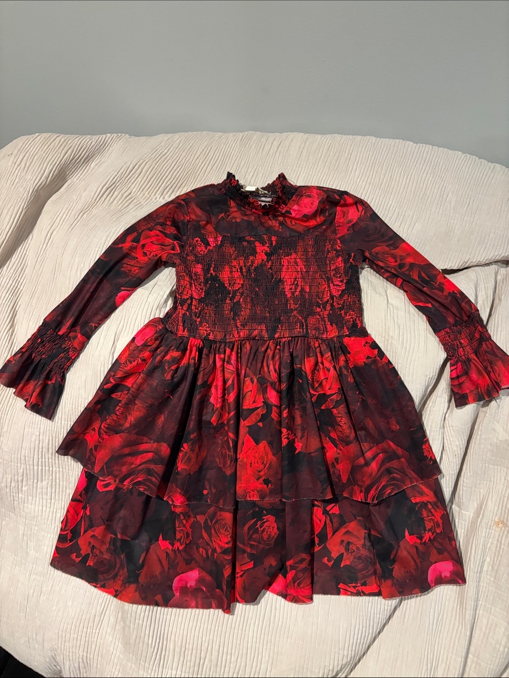 Chelsea & Violet Red and Black Floral Tiered Long-Sleeve Dress